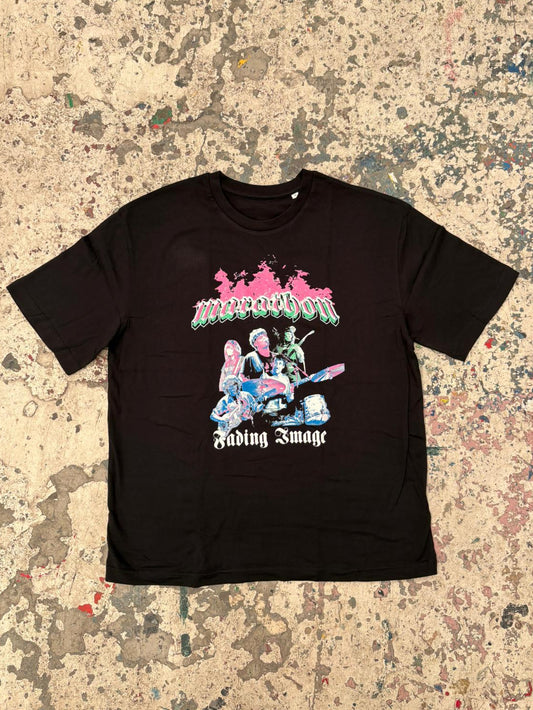 Black 90s t-shirt with pink fire and fading imagine text